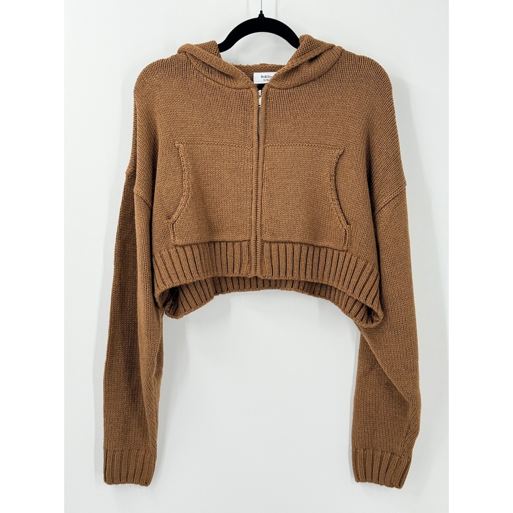 Bo&Tee Zip Up Hoodie Sweater Womens S/M Brown Logo Cropped Long Sleeve layering